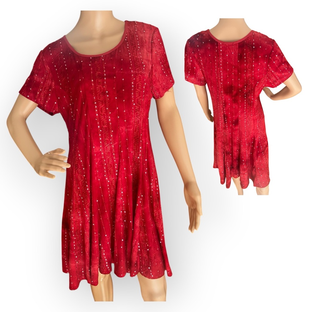 Sami & Jo Red Sequin Velvet Dress Petite XL Short Sleeve Stretch Holiday Party